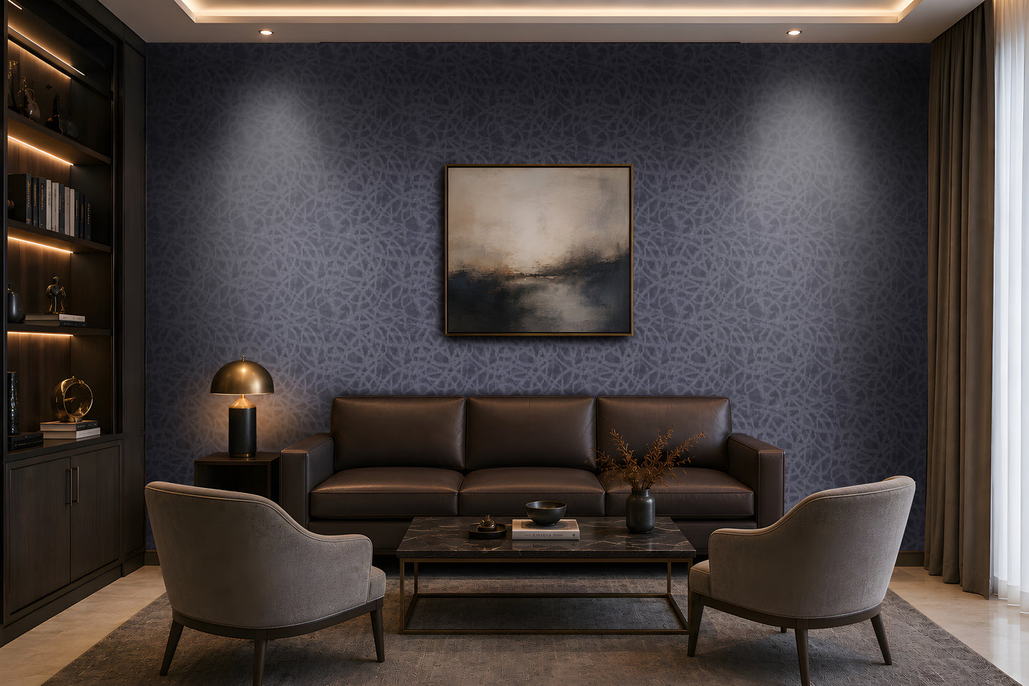 "Modern living room featuring a premium slate blue seamless texture wallpaper with an elegant organic abstract pattern that adds depth and visual interest to the walls. The sophisticated interior includes a dark brown leather sofa, two upholstered accent chairs, a black marble coffee table, warm brass table lamp, built-in wooden shelving with ambient lighting, abstract wall art, and floor-to-ceiling curtains. This luxurious textured wallpaper is ideal for contemporar