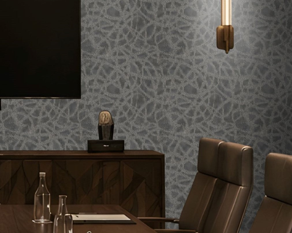 Slate blue seamless texture wallpaper featuring an elegant organic abstract pattern with a refined woven appearance. This premium decorative wall covering is ideal for modern living rooms, bedrooms, offices, conference rooms, hotels, restaurants, and commercial interiors, adding depth, texture, and timeless sophistication while creating a luxurious contemporary ambiance.