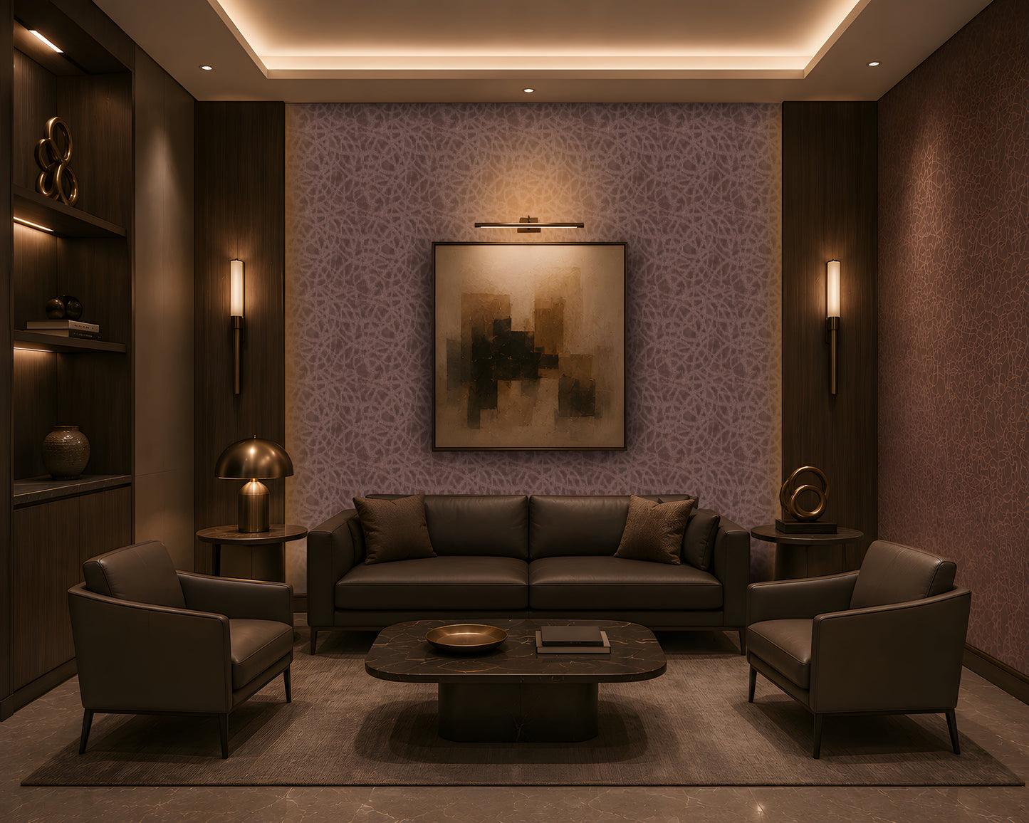 A luxurious contemporary lounge with a symmetrical layout, featuring a dark leather sofa and two matching armchairs around a low rounded rectangular marble coffee table. The room has a warm brown and taupe palette, dark wood built-in shelving, patterned textured wallpaper, brass-accented lighting, sculptural décor, and a large abstract artwork centered on the feature wall. Concealed cove lighting and warm wall sconces create an intimate, sophisticated atmosphere.
