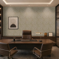 A sophisticated executive office with a symmetrical, formal composition. A large walnut desk faces two brown leather guest chairs, with a high-back executive chair behind it. The room features a pale beige textured feature wall with an organic abstract pattern, dark walnut built-in cabinetry and shelving, warm integrated LED lighting, minimalist abstract artwork, sculptural décor, and a bronze desk lamp. A ribbed translucent glass partition on the right adds architectural separation while allowing filtered 