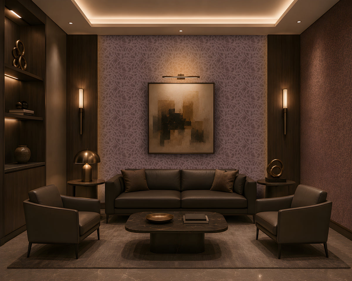 Luxury modern living room featuring mauve textured wallpaper with an intricate abstract pattern, dark wood paneling, leather seating, warm ambient lighting, and elegant contemporary decor.
