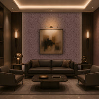 Luxury modern living room featuring mauve textured wallpaper with an intricate abstract pattern, dark wood paneling, leather seating, warm ambient lighting, and elegant contemporary decor.
