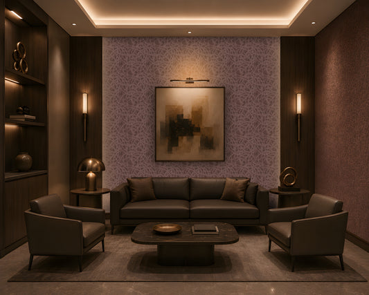 Luxury modern living room featuring mauve textured wallpaper with an intricate abstract pattern, dark wood paneling, leather seating, warm ambient lighting, and elegant contemporary decor.
