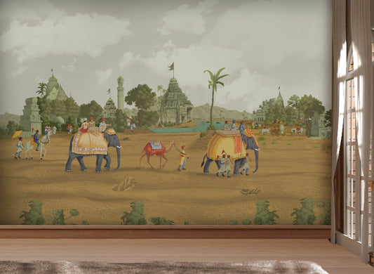 An architectural perspective of a grand hallway featuring the Ancient Indian Village Mural in Sage Bronze. The mural transforms the wall into a panoramic vista, where the bronze-infused green tones create a sense of aged grandeur that complements brass accents and dark wood furniture.