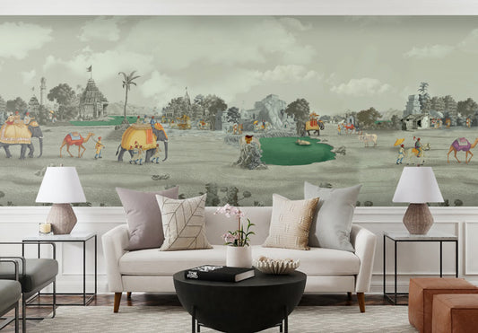 Indian Village heritage wallpaper in living room Grey