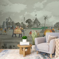 Indian Village heritage wallpaper in living room Grey