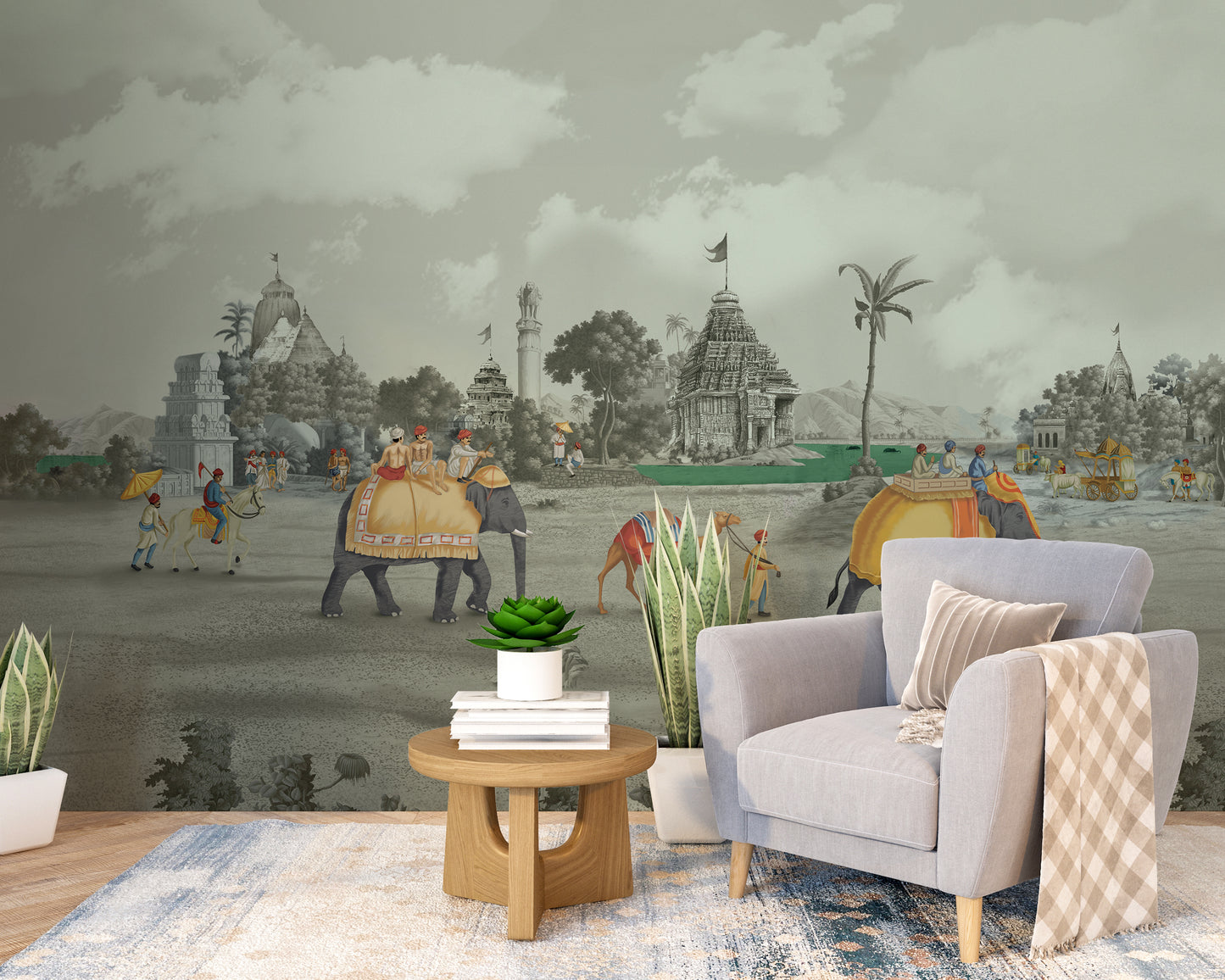 Indian Village heritage wallpaper in living room Grey