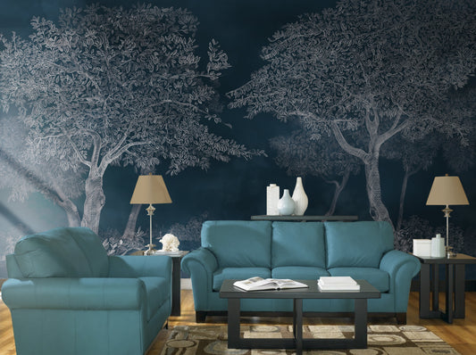 An architectural perspective of a sophisticated study featuring the Aranyam Mural in Charleston Green as a full-scale feature wall. The mural’s deep, illustrative vista pairs elegantly with dark wood textures and brass accents, creating a moody and cultured interior sanctuary.