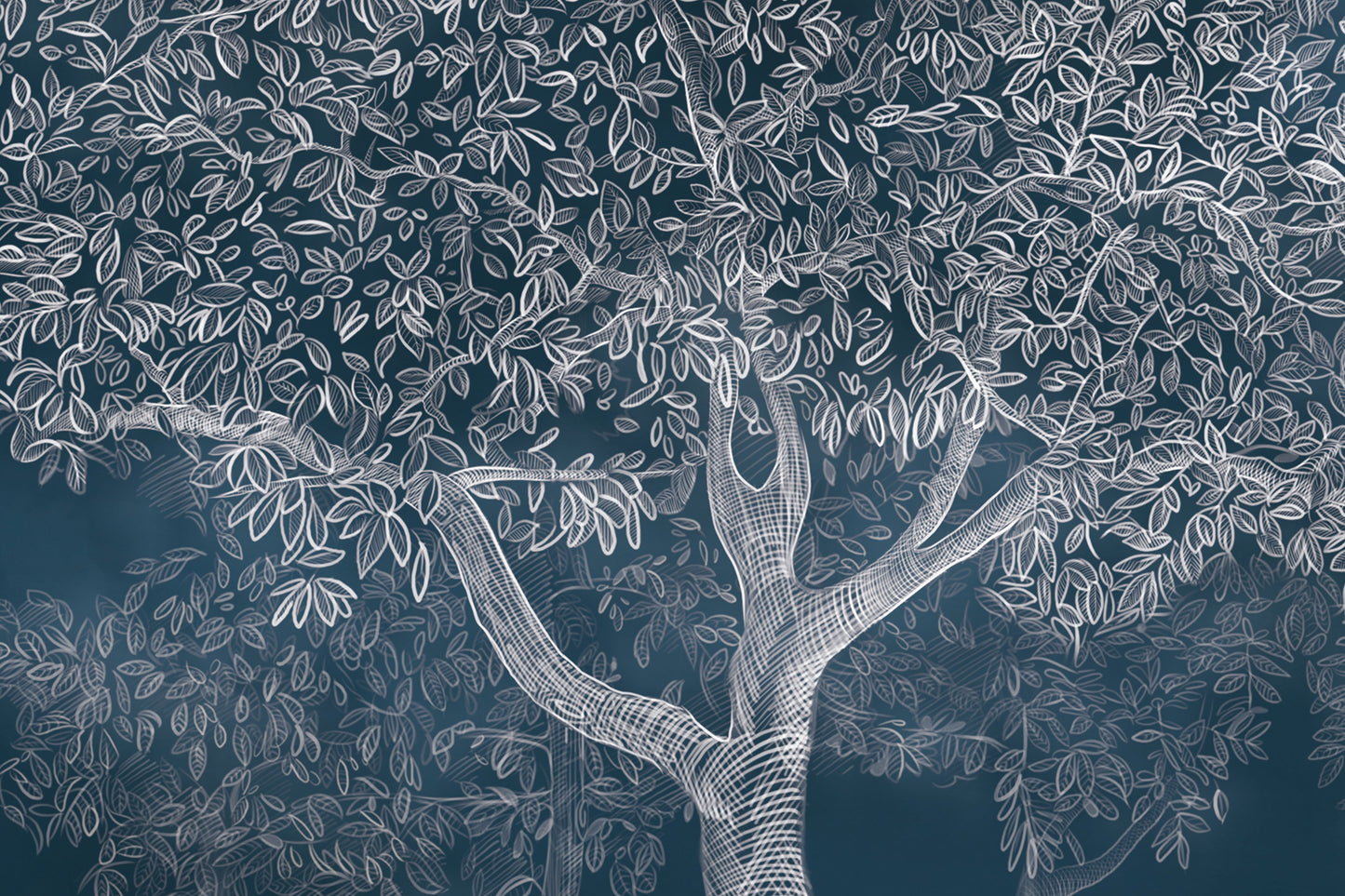 An architectural perspective of a sophisticated study featuring the Aranyam Mural in Charleston Green as a full-scale feature wall. The mural’s deep, illustrative vista pairs elegantly with dark wood textures and brass accents, creating a moody and cultured interior sanctuary.