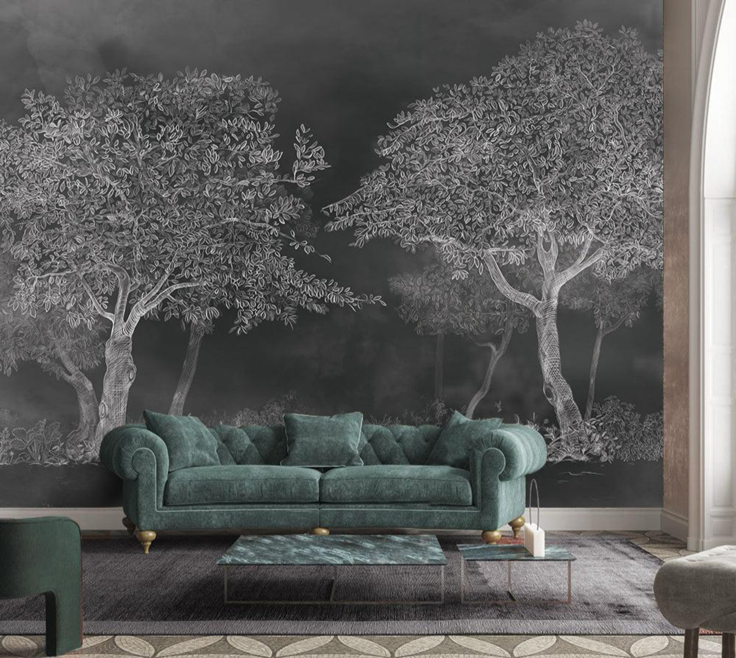 An architectural perspective of a sophisticated study featuring the Aranyam Mural in Grayish Green as a full-scale feature wall. The mural’s muted, illustrative vista pairs elegantly with light wood flooring and stone textures, creating a peaceful and cultured interior sanctuary.