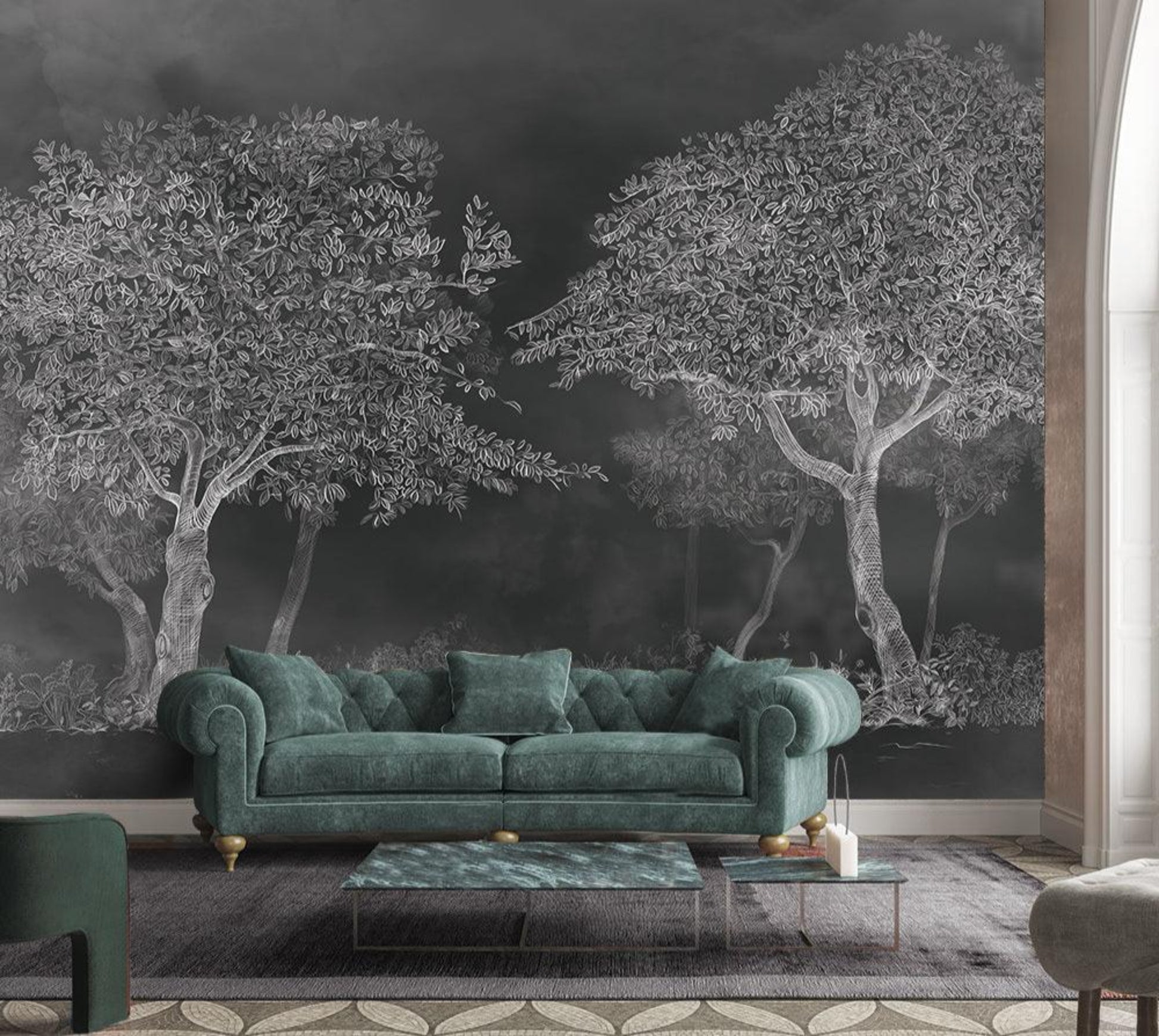 An architectural perspective of a sophisticated study featuring the Aranyam Mural in Grayish Green as a full-scale feature wall. The mural’s muted, illustrative vista pairs elegantly with light wood flooring and stone textures, creating a peaceful and cultured interior sanctuary.