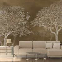 An architectural perspective of a sophisticated study featuring the Aranyam Mural in Hazel Brown as a full-scale feature wall. The mural’s earthy, illustrative vista pairs elegantly with natural oak furniture and brass accents, creating a warm and cultured interior sanctuary.