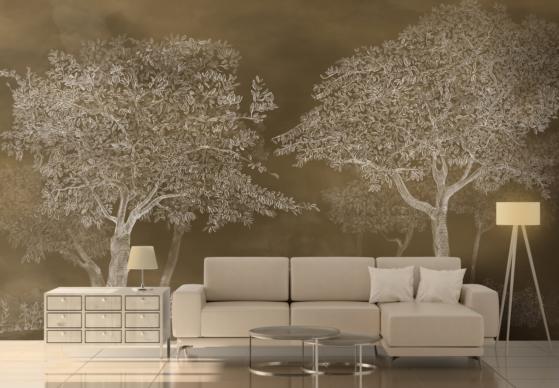 An architectural perspective of a sophisticated study featuring the Aranyam Mural in Hazel Brown as a full-scale feature wall. The mural’s earthy, illustrative vista pairs elegantly with natural oak furniture and brass accents, creating a warm and cultured interior sanctuary.