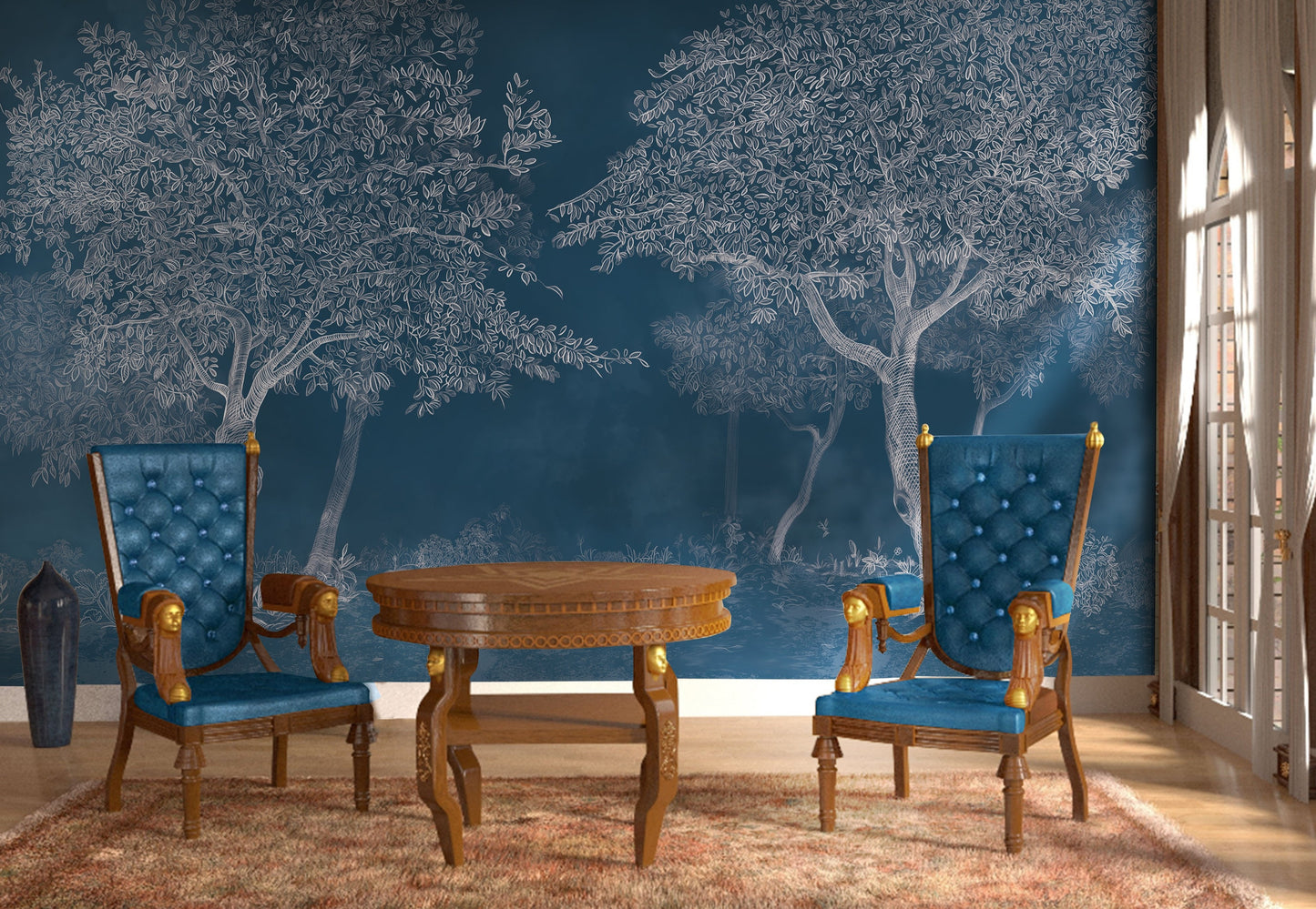 An architectural perspective of a sophisticated study featuring the Aranyam Mural in Rich Blue as a full-scale feature wall. The mural’s deep, illustrative vista pairs elegantly with crisp white trim and modern metallic accents, creating a moody and cultured interior sanctuary.