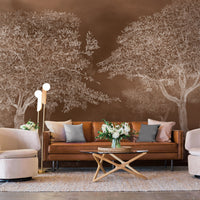 An architectural perspective of a sophisticated study featuring the Aranyam Mural in Warm Brown as a full-scale feature wall. The mural’s earthy, illustrative vista pairs elegantly with natural oak furniture and brass accents, creating a warm and cultured interior sanctuary.