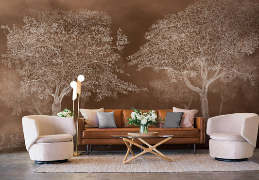 An architectural perspective of a sophisticated study featuring the Aranyam Mural in Warm Brown as a full-scale feature wall. The mural’s earthy, illustrative vista pairs elegantly with natural oak furniture and brass accents, creating a warm and cultured interior sanctuary.