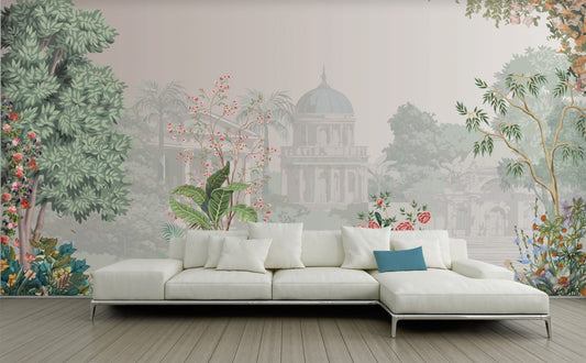Beige floral mural wallpaper installed as a feature wall in living room, dining room, and bedroom interiors with botanical garden-inspired design.