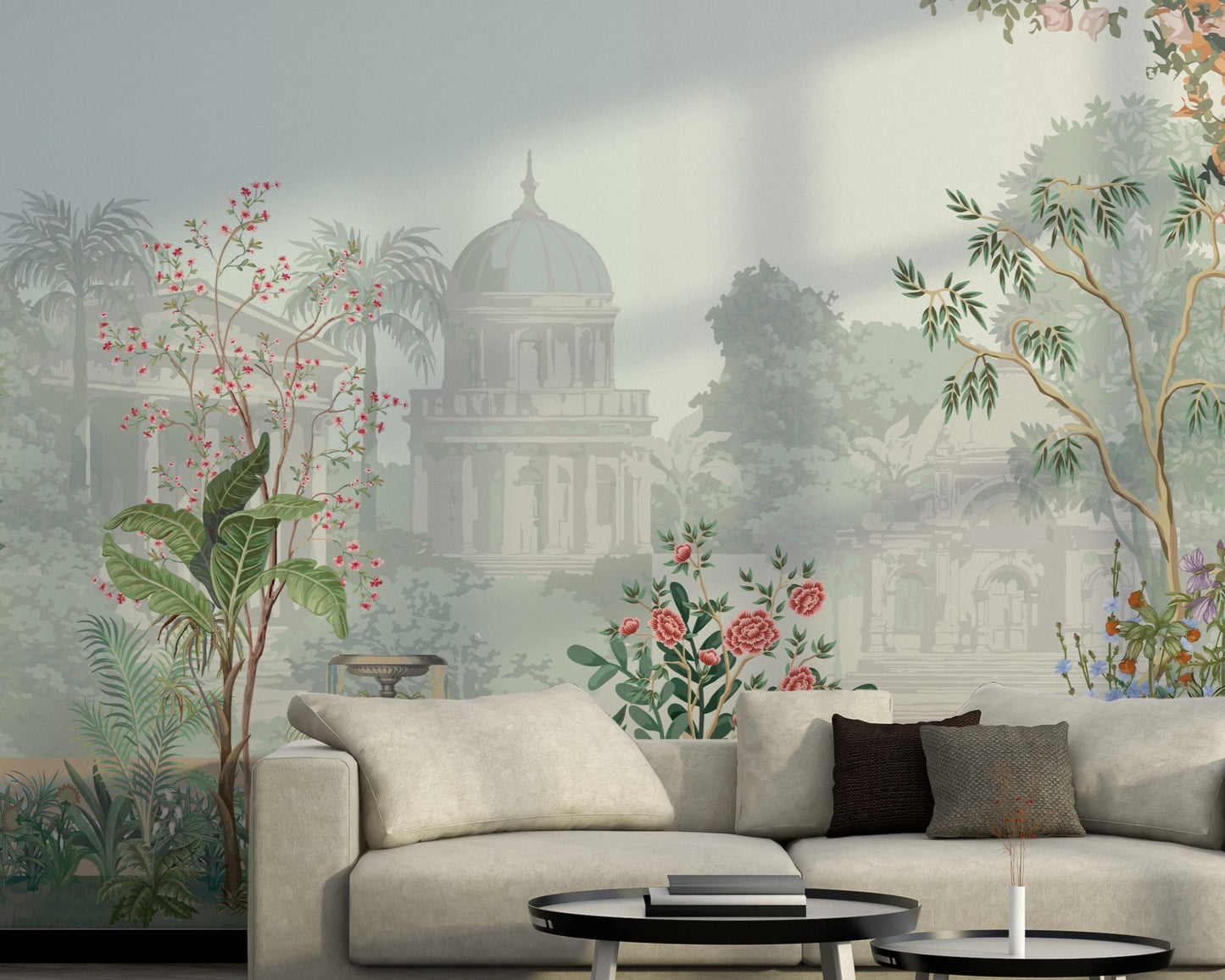 Blue floral mural wallpaper installed as a feature wall in living room, dining room, and bedroom interiors with botanical garden-inspired design.