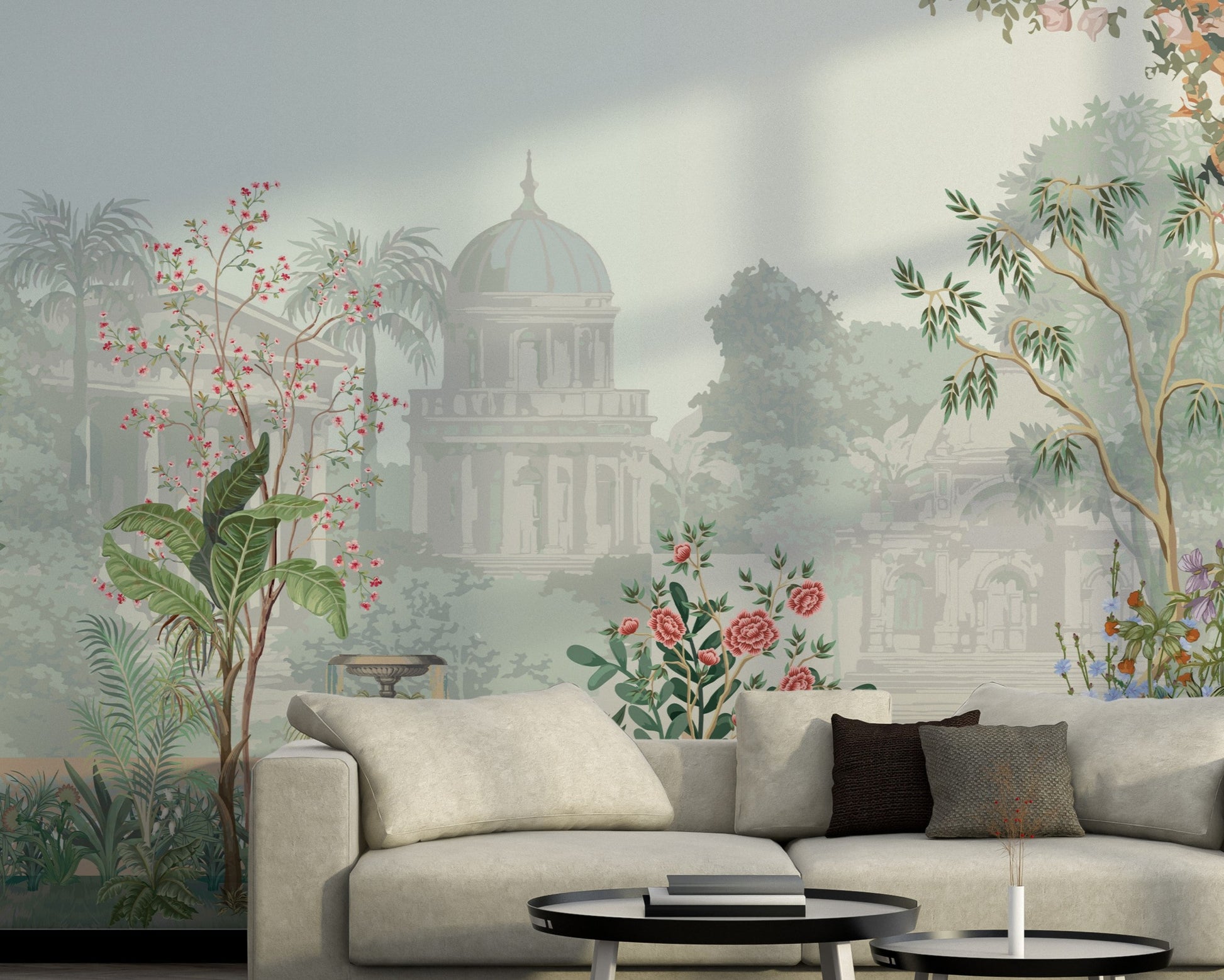 Blue floral mural wallpaper installed as a feature wall in living room, dining room, and bedroom interiors with botanical garden-inspired design.
