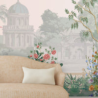 Peach floral mural wallpaper installed as a feature wall in living room, dining room, and bedroom interiors with botanical garden-inspired design.