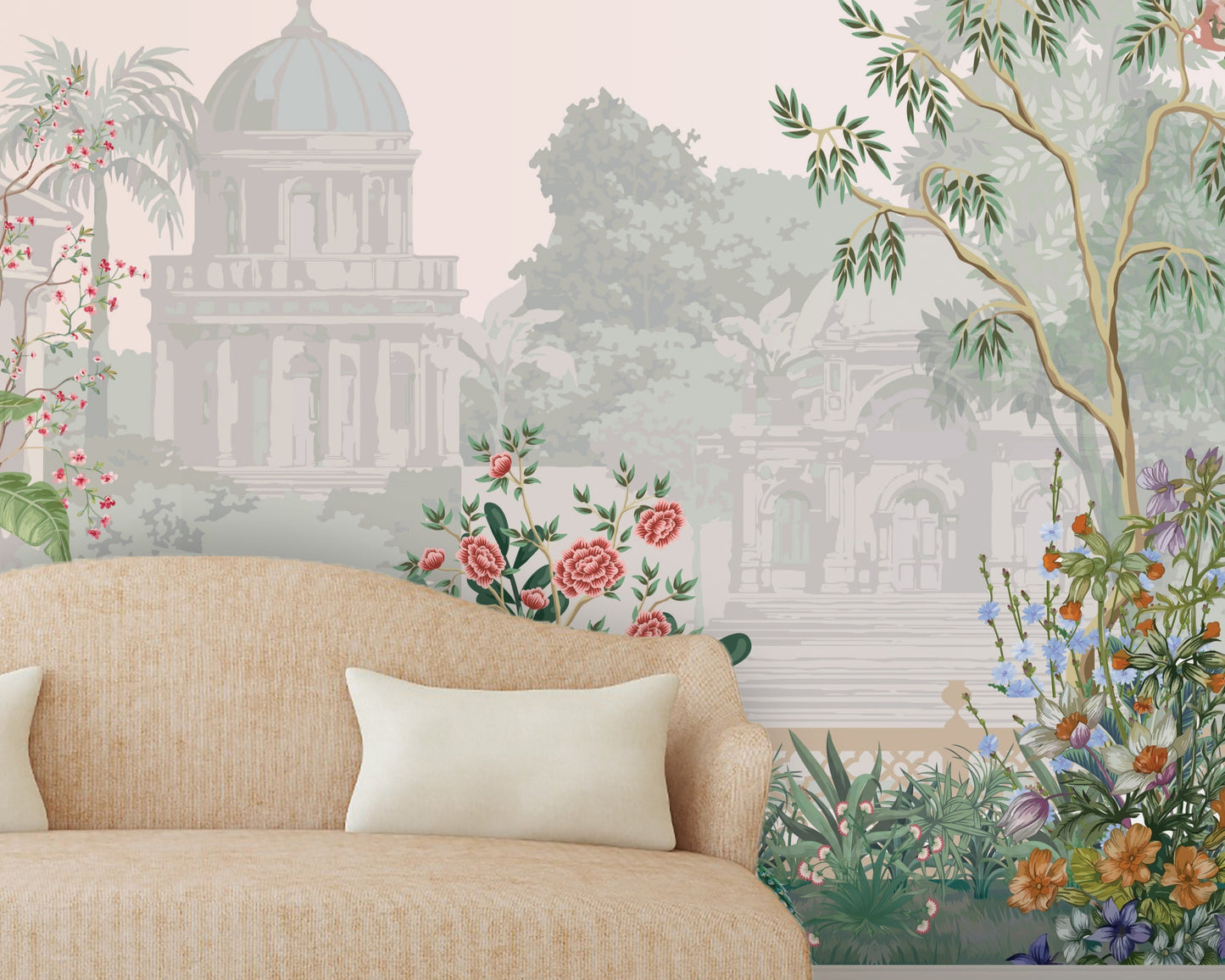 Peach floral mural wallpaper installed as a feature wall in living room, dining room, and bedroom interiors with botanical garden-inspired design.