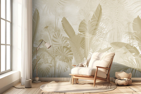 An architectural perspective of a contemporary living room featuring the Banana Grove Mural in Muted Gold as a full-scale feature wall behind a low-profile cream sofa. The mural’s warm botanical composition pairs elegantly with natural oak flooring and sun-drenched interiors, creating a peaceful and immersive golden-hour retreat.