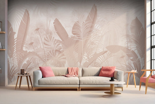 An architectural perspective of a contemporary living room featuring the Banana Grove Mural in Subtle Coral as a full-scale feature wall behind a low-profile cream sofa. The mural’s warm botanical composition pairs elegantly with natural oak flooring and soft textiles, creating a peaceful and immersive sunset-inspired retreat.