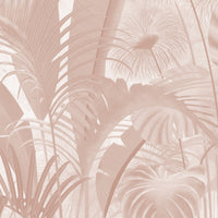 An architectural perspective of a contemporary living room featuring the Banana Grove Mural in Subtle Coral as a full-scale feature wall behind a low-profile cream sofa. The mural’s warm botanical composition pairs elegantly with natural oak flooring and soft textiles, creating a peaceful and immersive sunset-inspired retreat.