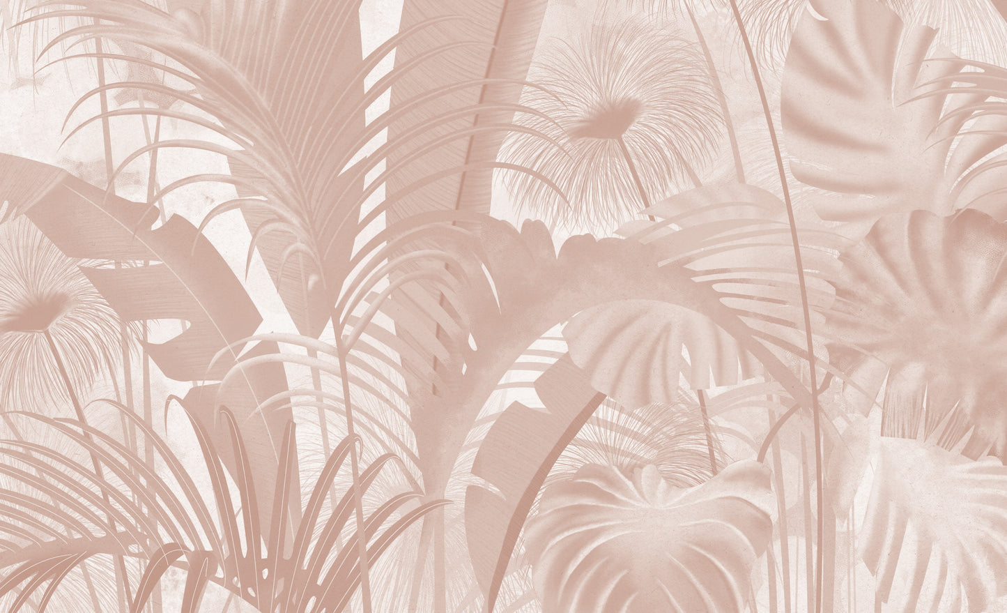 An architectural perspective of a contemporary living room featuring the Banana Grove Mural in Subtle Coral as a full-scale feature wall behind a low-profile cream sofa. The mural’s warm botanical composition pairs elegantly with natural oak flooring and soft textiles, creating a peaceful and immersive sunset-inspired retreat.