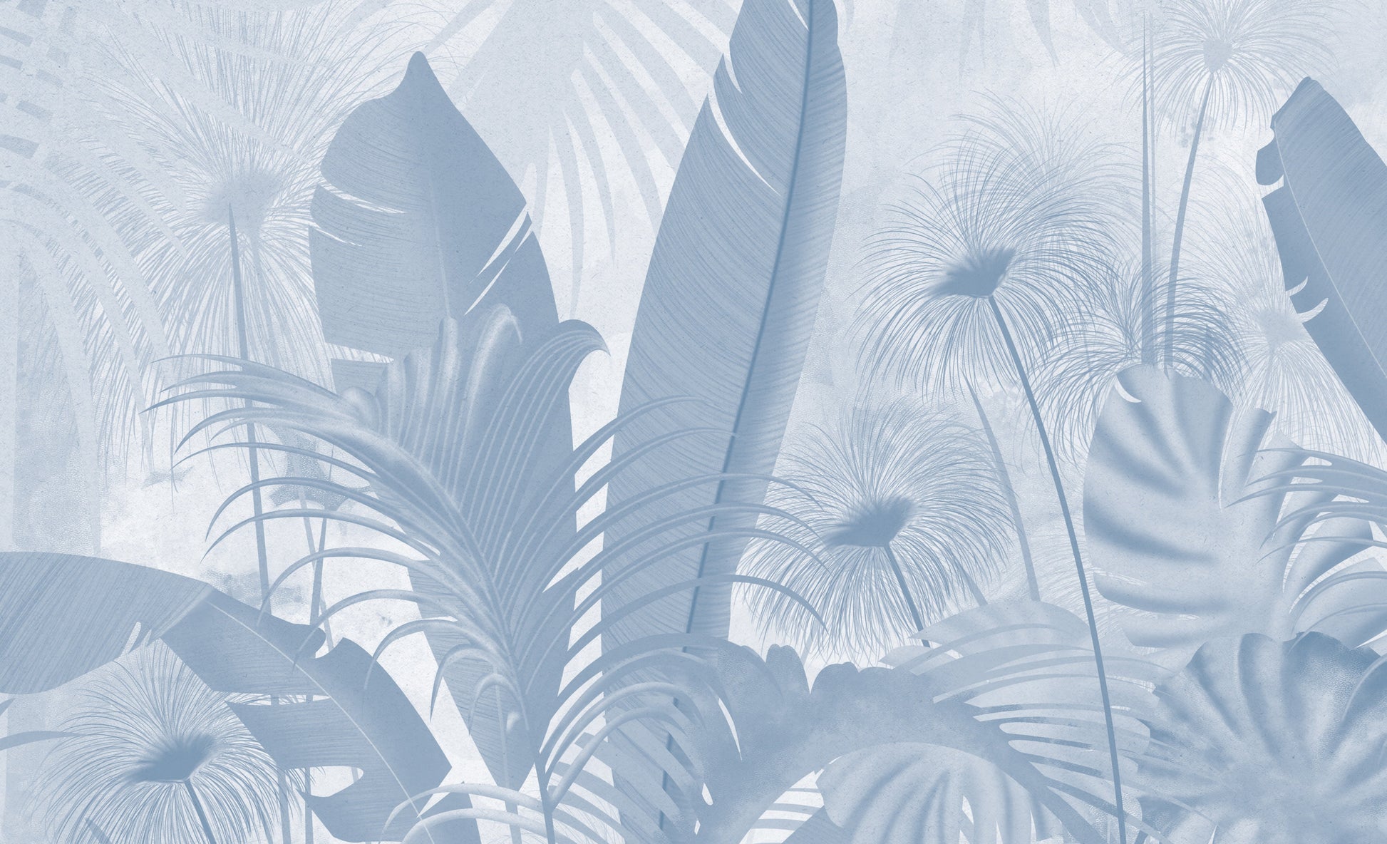 An architectural perspective of a contemporary living room featuring the Banana Grove Mural in Pacific Blue as a full-scale feature wall behind a low-profile cream sofa. The mural’s cooling botanical composition pairs elegantly with light oak flooring and neutral textiles, creating a peaceful and immersive coastal-inspired retreat.