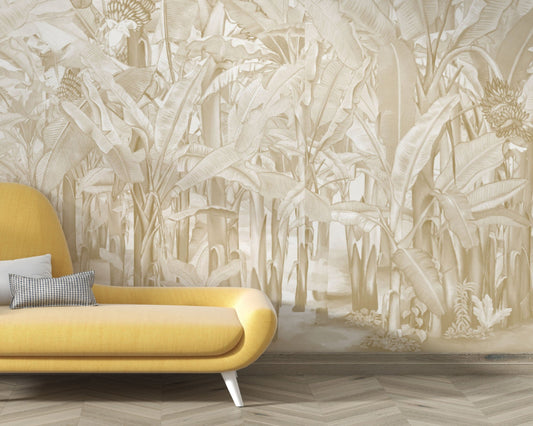 A high-resolution detail of the Banana Grove Dreams Beige Wallpaper, highlighting the delicate, hand-painted veining of the large leaves and the intricate textures of the tropical blossoms. The image showcases the refined tonal transitions between warm beige, soft sand, and muted ivory that define this elegant botanical mural.