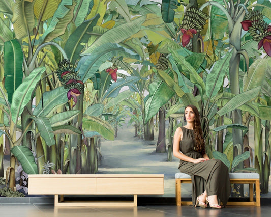 An architectural perspective of a contemporary lounge featuring the Banana Grove Dreams Mural as a full-scale backdrop behind a minimalist light-wood bench. The mural’s perspective-driven design creates an "infinite path" effect, making the room feel more expansive and deeply connected to nature.