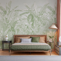 An architectural perspective of a bright contemporary space featuring the Banana Grove Dreams Mural in Pistachio as a full-scale feature wall. The mural’s perspective-driven design creates an "infinite path" effect, pairing seamlessly with light-toned furniture, natural fiber rugs, and an abundance of natural light.