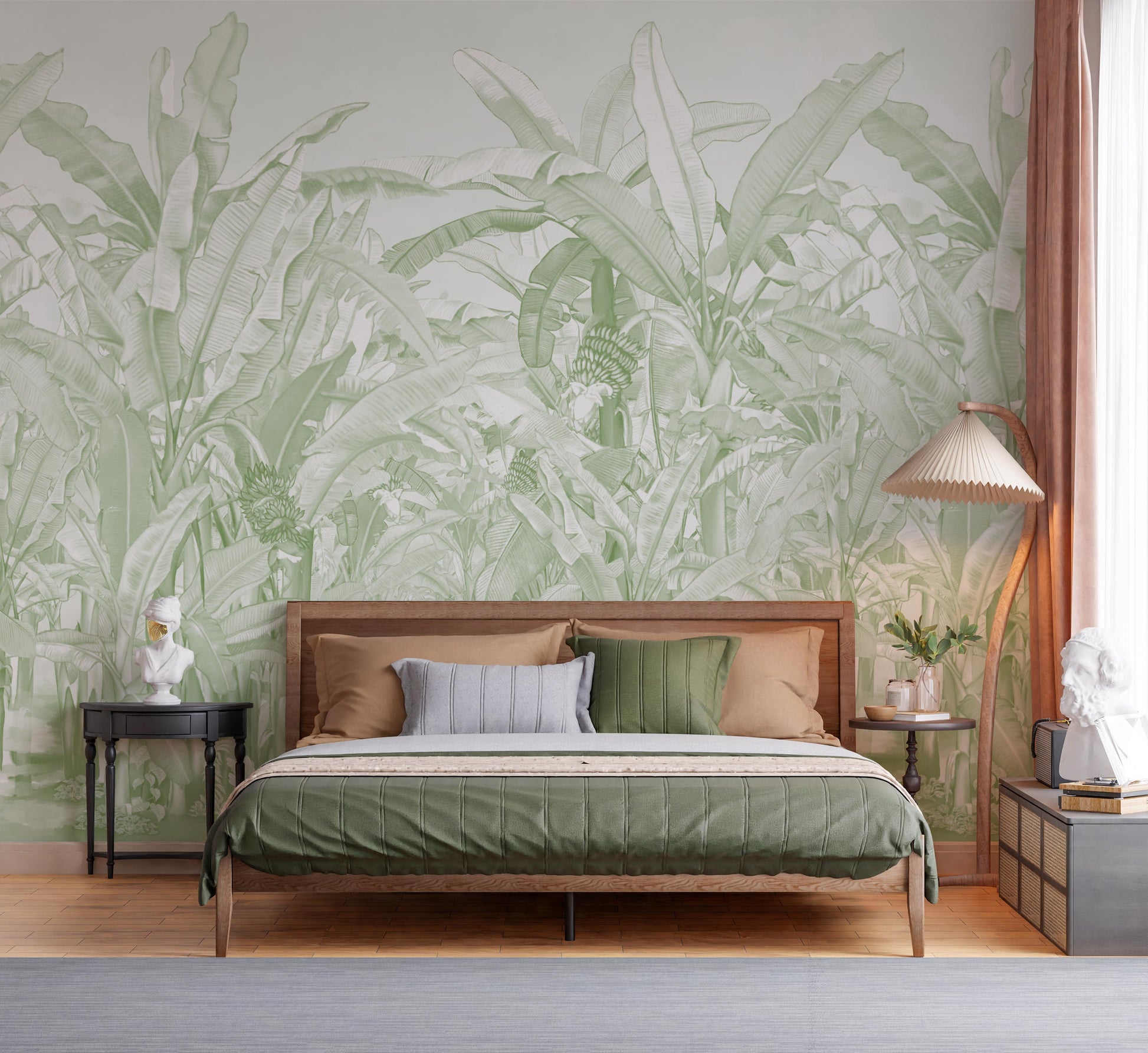 An architectural perspective of a bright contemporary space featuring the Banana Grove Dreams Mural in Pistachio as a full-scale feature wall. The mural’s perspective-driven design creates an "infinite path" effect, pairing seamlessly with light-toned furniture, natural fiber rugs, and an abundance of natural light.