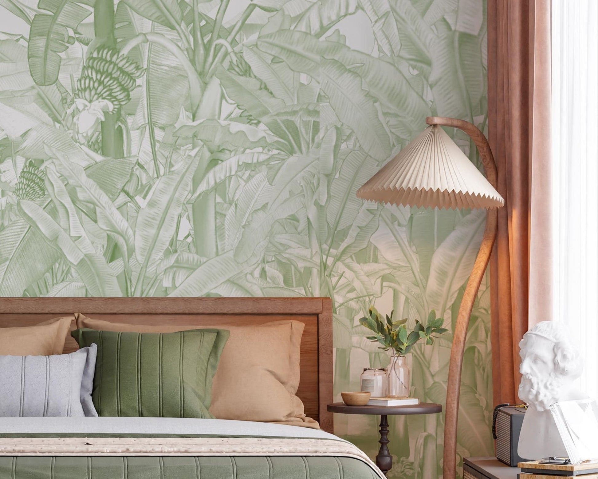 A high-resolution detail of the Banana Grove Dreams Pistachio Wallpaper, highlighting the delicate painterly textures and hand-painted veining of the tropical leaves. The image showcases the refined tonal transitions between cool mint, soft seafoam, and crisp white that define this nature-inspired mural.