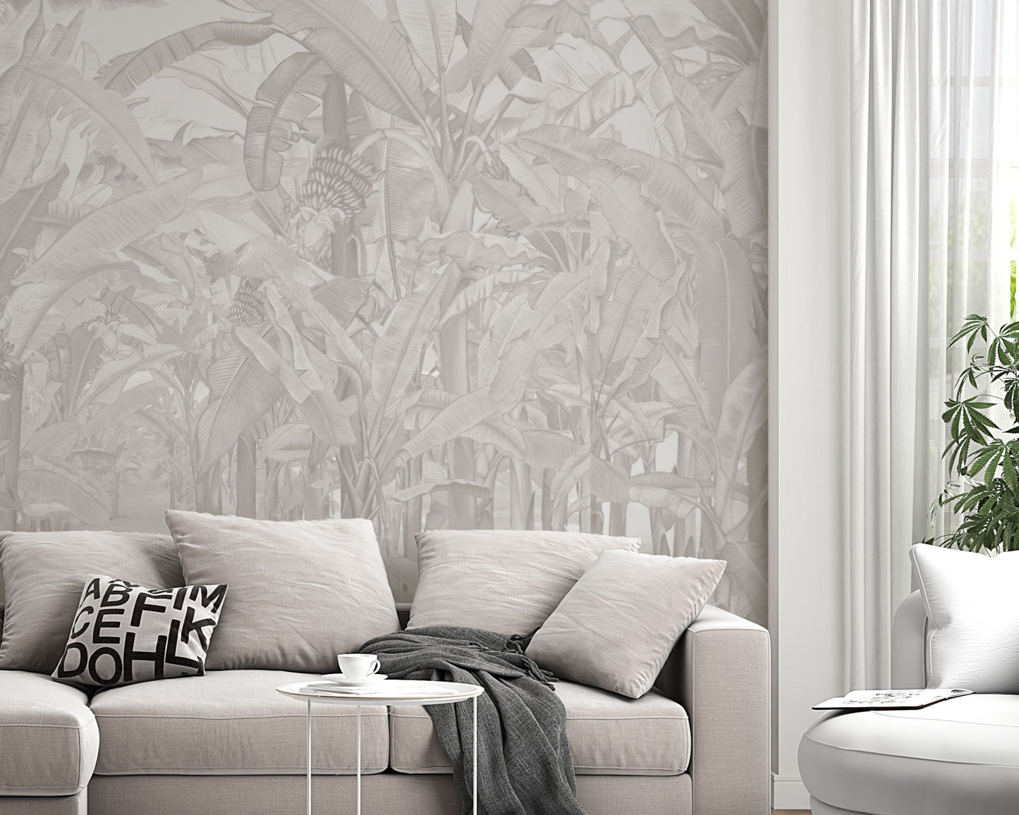 A high-resolution detail of the Banana Grove Dreams Soft Ash Tropical Wallpaper, highlighting the delicate painterly textures and hand-painted veining of the large tropical leaves. The image showcases the refined tonal transitions between smoky ash, charcoal, and soft ivory that define this nature-inspired mural.