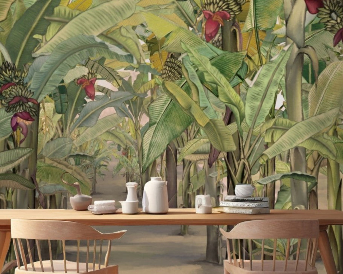 A high-resolution detail of the Banana Grove Dreams Yellow Wallpaper, showcasing the intricate painterly textures of the massive leaves and the detailed tropical blossoms. The image highlights the warm tonal variations of golden yellow, toasted amber, and soft cream that define this sun-drenched botanical mural.