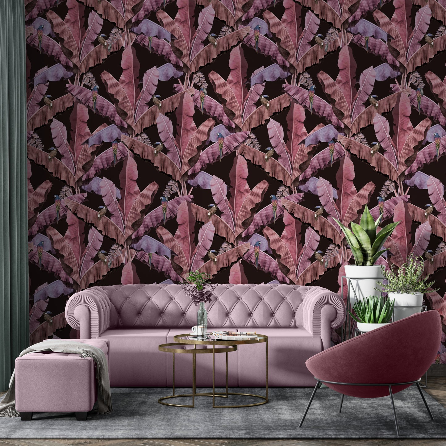An architectural perspective of a contemporary lounge featuring the Banana Leaves Pattern as a full-scale feature wall. The wallpaper’s deep maroon and wine tones pair strikingly with cognac leather seating, brass lighting, and minimalist decor, creating a sophisticated and high-energy tropical atmosphere.