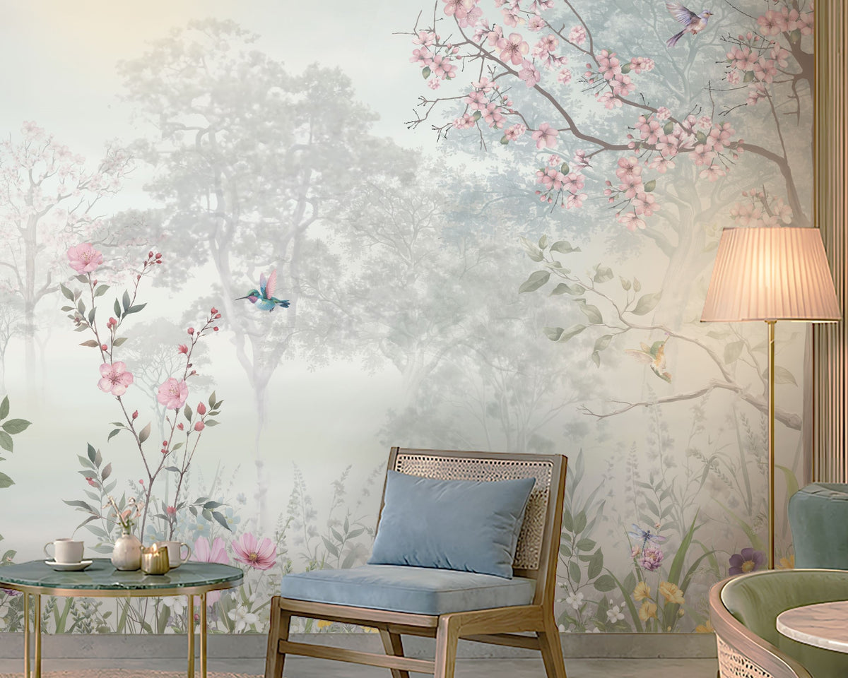 Close-up of Blossom Reverie ice blue floral landscape wallpaper featuring delicate pink cherry blossoms, botanical foliage, colorful wildflowers, and birds against a misty forest background.