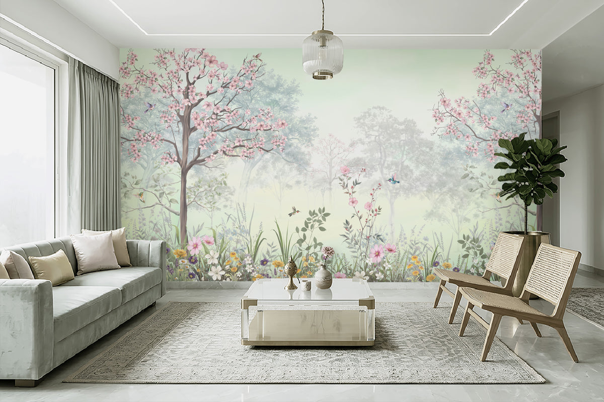 Modern living room featuring Blossom Reverie willow green floral landscape wallpaper with pink cherry blossom trees, birds, and misty forest scenery, complemented by a sage green sofa, wooden cane chairs, and a white coffee table.