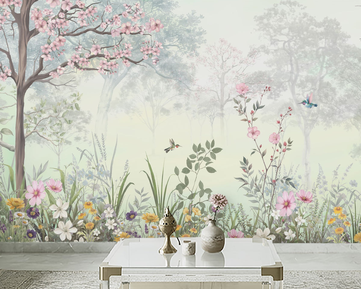 Close-up of Blossom Reverie willow green floral landscape wallpaper featuring pink cherry blossoms, colorful wildflowers, delicate birds, and lush botanical foliage against a misty green forest background.