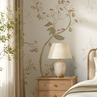 Sage cream floral wallpaper featuring delicate botanical branches and soft pink blossoms in an elegant, warm bedroom with neutral furnishings, wooden bedside tables, soft lighting, and a large upholstered bed.
