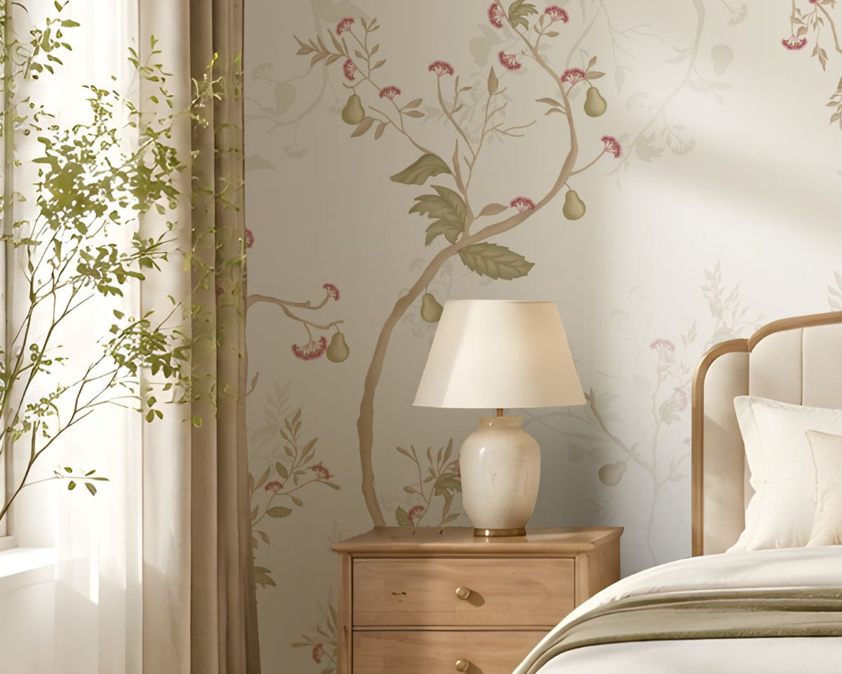 Sage cream floral wallpaper featuring delicate botanical branches and soft pink blossoms in an elegant, warm bedroom with neutral furnishings, wooden bedside tables, soft lighting, and a large upholstered bed.
