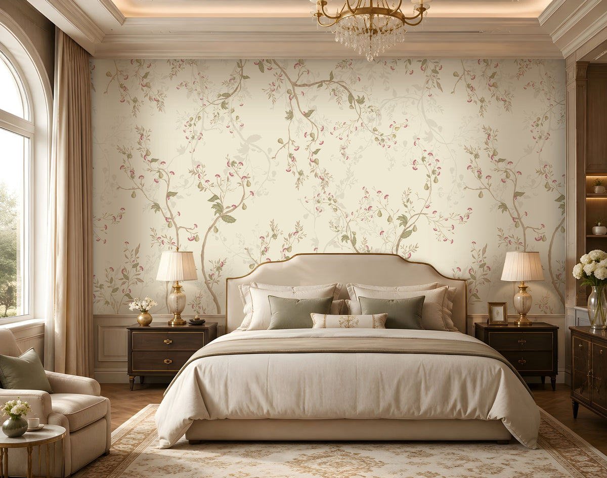 Warm ivory cream floral wallpaper with delicate botanical branches, soft pink flowers, muted sage green leaves, and subtle beige accents covering a large feature wall in an elegant luxury bedroom. The sophisticated room features a cream upholstered bed, neutral bedding, dark wooden bedside tables, classic lamps, a crystal chandelier, arched window with beige curtains, plush seating, decorative furniture, and a warm refined interior that complements the wallpaper’s soft botanical design.