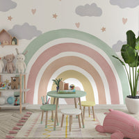 Cotton white boho rainbow kids mural wallpaper playful wall design in modern living room.