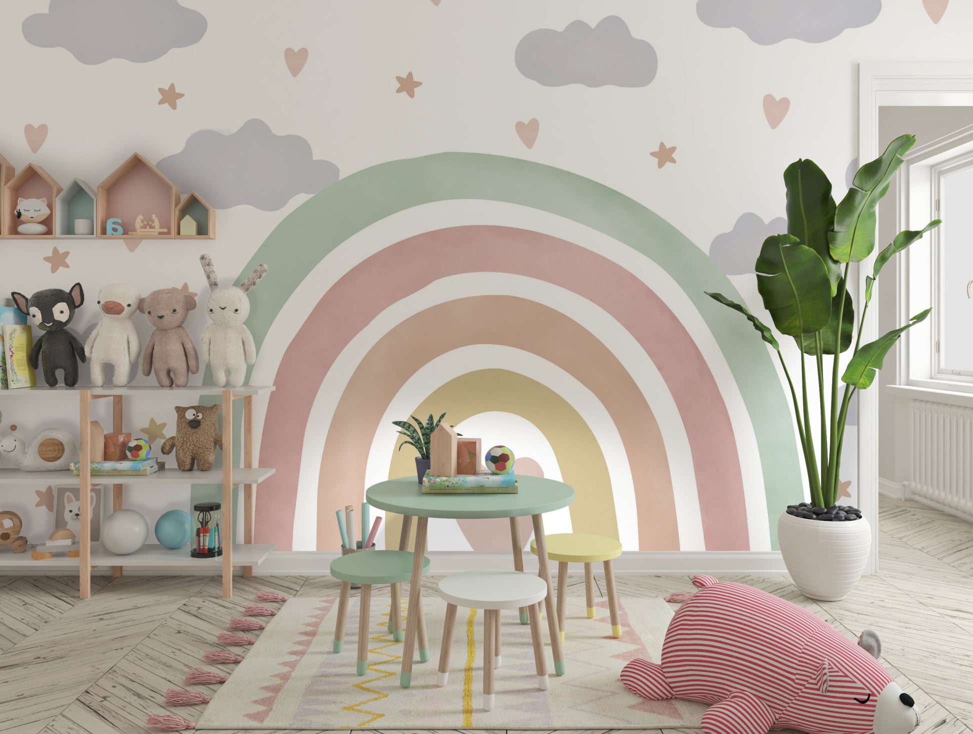Cotton white boho rainbow kids mural wallpaper playful wall design in modern living room.