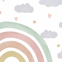 Cotton white boho rainbow kids mural wallpaper playful wall design in modern living room.