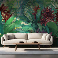 An architectural perspective of a modern living room featuring the Botanical Bliss Mural in Luxe Green as a full-scale feature wall behind a minimalist cream sofa. The mural’s vibrant, dark-toned greenery pairs elegantly with warm wood accents and natural light, creating an immersive and cultured interior sanctuary.