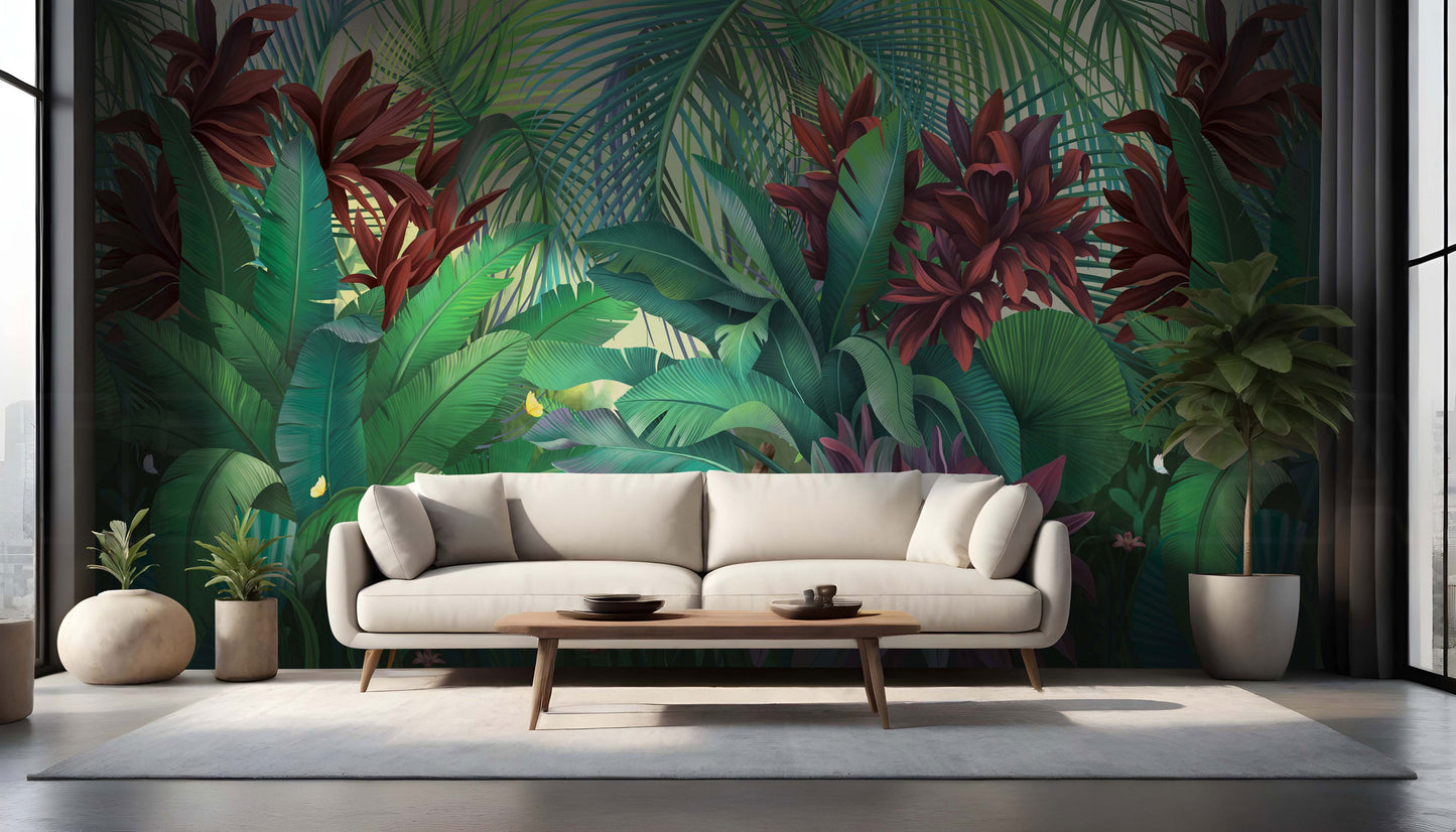 An architectural perspective of a modern living room featuring the Botanical Bliss Mural in Luxe Green as a full-scale feature wall behind a minimalist cream sofa. The mural’s vibrant, dark-toned greenery pairs elegantly with warm wood accents and natural light, creating an immersive and cultured interior sanctuary.