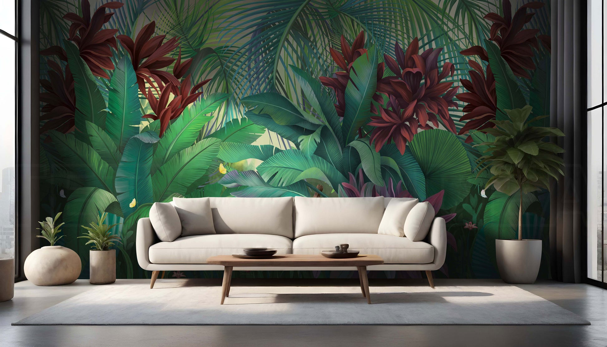 An architectural perspective of a modern living room featuring the Botanical Bliss Mural in Luxe Green as a full-scale feature wall behind a minimalist cream sofa. The mural’s vibrant, dark-toned greenery pairs elegantly with warm wood accents and natural light, creating an immersive and cultured interior sanctuary.